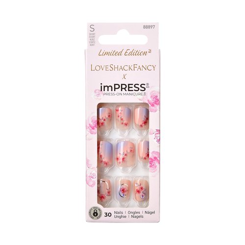 KISS LoveShackFancy x imPRESS Press-On Manicure Limited Edition, Style "Sunkissed Peach" Short Square Pink Press-On Nails, Includes Prep Pad, Mini Nail File, Cuticle Stick, & 30 Fake Nails