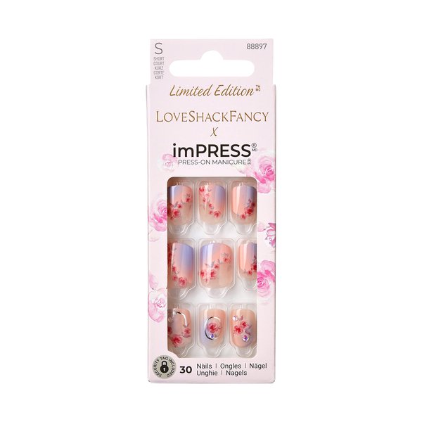 KISS LoveShackFancy x imPRESS Press-On Manicure Limited Edition, Style "Sunkissed Peach" Short Square Pink Press-On Nails, Includes Prep Pad, Mini Nail File, Cuticle Stick, & 30 Fake Nails