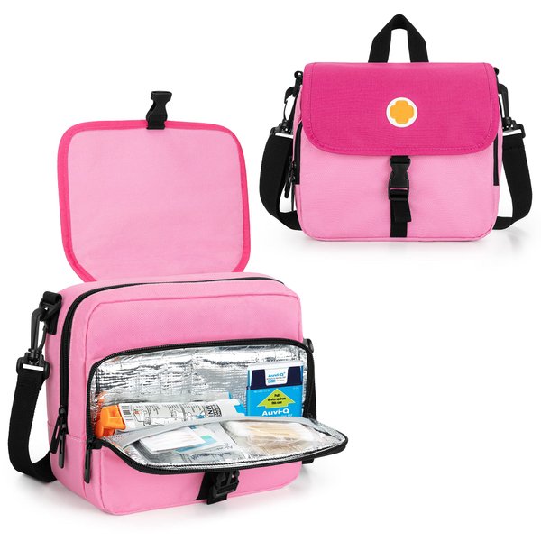 CURMIO Epipen Carrying Case, Insulated Medicine Supplies Bag with Shoulder Strap for 2 EpiPens, Auvi-Q, Spacer, Vials, Asthma Inhaler, Allergy Medicine Travel Bag, Pink
