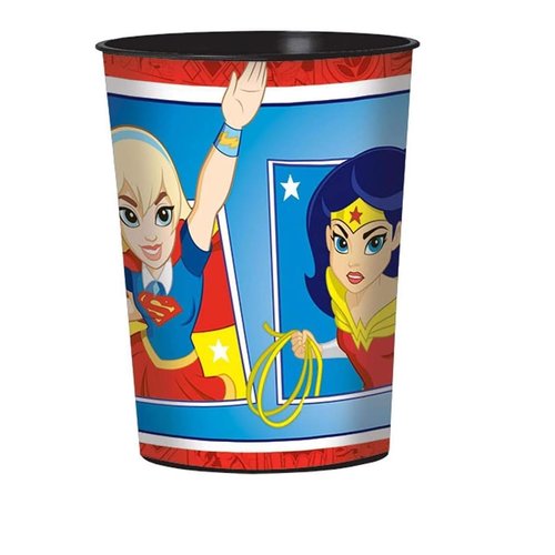 DC Super Hero Girls Birthday Party Supplies Bundle includes 12 Plastic Party Favor Cup and 1 Dinosaur Sticker Sheet