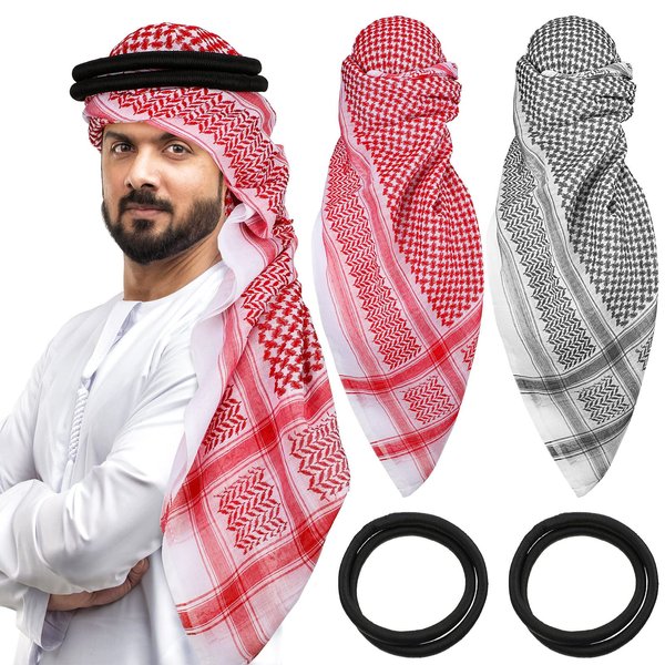 Funtery 4 Pcs Arab Head Scarf for Men with Lgal Aqel Rope Middle East Desert Shemagh Wrap Arab Costume (Pink, Black, White)