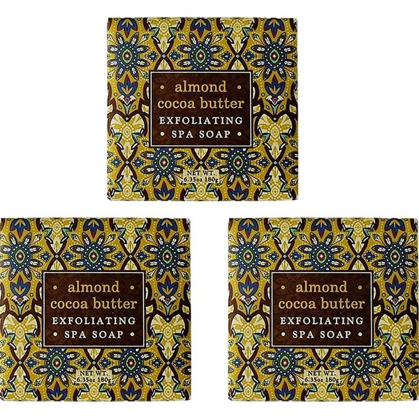 Greenwich Bay ALMOND Exfoliating Spa Soap, Enriched with Almond Oil, Shea Butter and Cocoa Butter. Blended with Cocoa Bean Shell, No Parabens, No Sulfates 6.35 Oz. (3 Pack)