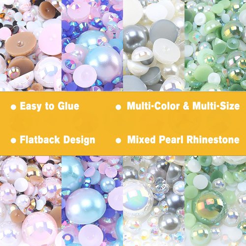 Flatback Pearls Rhinestones for Craft 30g 1400Pcs (2-10mm) Half Round Resin AB Color Rhinestones Pearls for Nail Art Face Body Tumblers-Purple