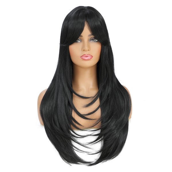 SWACC Long Layered Straight Wig with Bangs Synthetic Hair Wig for Women with Wig Cap (Black)