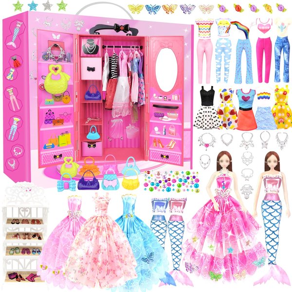 66Pcs Doll Clothes and Accessories with Doll Closet for 11.5 Inch Doll Dress up Set with 1 Doll Fashion Dresses Outfits Tops and Pants Shoe Rack Bags Gift Toy for Girls 4 5 6 7 8 9 10 Years