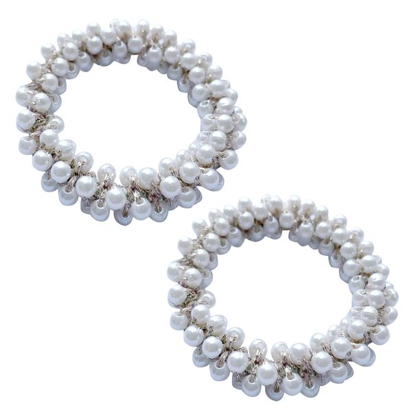 2 Pack Sparkly Crystal Elastic Hair Ties Hair Rubber Bands No Damage Traceless Hair Ring Rope No Crease Twist Ponytail Holders Stretchy Hair Set Styling Accessories for Girls (White Pearl)
