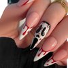 Rchovsam Halloween Scream Grimace Press on Nails White French Long Almond Fake Nails Bleed Design Glue on Nails Full Cover Gel Nails Kit for Womens 24pcs