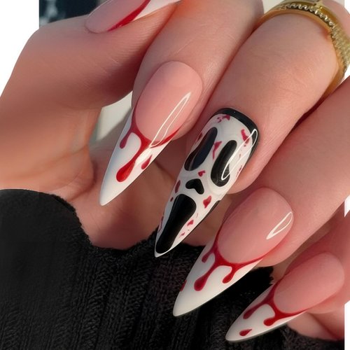 Rchovsam Halloween Scream Grimace Press on Nails White French Long Almond Fake Nails Bleed Design Glue on Nails Full Cover Gel Nails Kit for Womens 24pcs