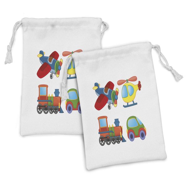 Lunarable Cartoon Fabric Pouch Set of 2, Funny Colorful Vehicles Print Whimsical Airplane Helicopter Car and Old Train, Small Drawstring Bag for Toiletries Masks and Favors, 9" x 6", Multicolor