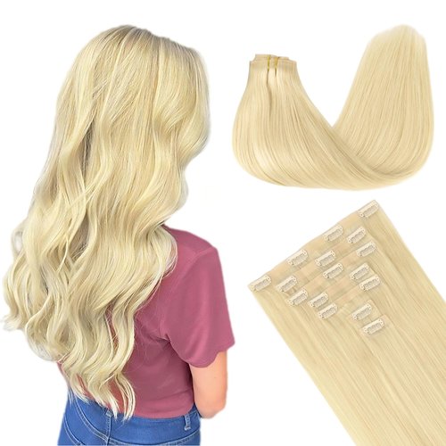 GOO GOO Clip in Hair Extensions Real Human Hair, 20inch 150g 7Pcs, 613R Bleach Blonde, Remy Human Hair Extensions Clip ins for Women, Natural Human Hair