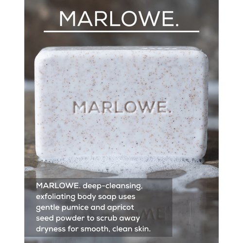 MARLOWE. No. 102 Men's Body Scrub Soap 7 oz (3 Bars) Fresh Original Woodsy Scent, Best Exfoliating Bar for Men, Natural Ingredients, Apricot Seed Powder, Shea Butter, Olive Oil, Green Tea Extracts