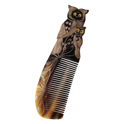 Symbol of LUCK & Knowledge, Natural Buffalo Horn Comb, Ox Horn Comb Anti-Static, Luxury Double Pigeon, Buffalo Horn Hair Comb for Anti Static Massage (Owl)