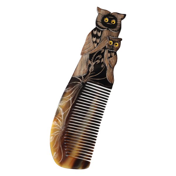 Symbol of LUCK & Knowledge, Natural Buffalo Horn Comb, Ox Horn Comb Anti-Static, Luxury Double Pigeon, Buffalo Horn Hair Comb for Anti Static Massage (Owl)