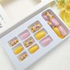 Press on Nails Short Square Fake Nails Sunflowers Glue on Nails Yellow & Light Pink Full Cover Acrylic Nails White Lines False Nails Glossy & Spring Stick on Nails for Women 24Pcs