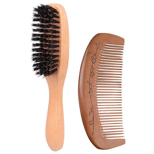 Wooden Boar Bristle Hair Brush and Comb Set, Paddle Boar Hairbrush for Smoothing Fine Thin Hair and Beard, Peach Wood Comb for Detangling, Boar Hair Beard Brush for Men, Make Hair and Beard Shiny Soft