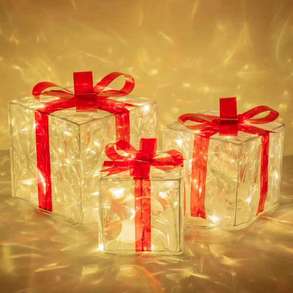FUNPENY Set of 3 Christmas 60 LED Lighted Gift Boxes, Transparent Warm White Lighted Christmas Box Decrations, Presents Boxs with Red Bows for Christams Tree, Yard, Home, Christams Decorations