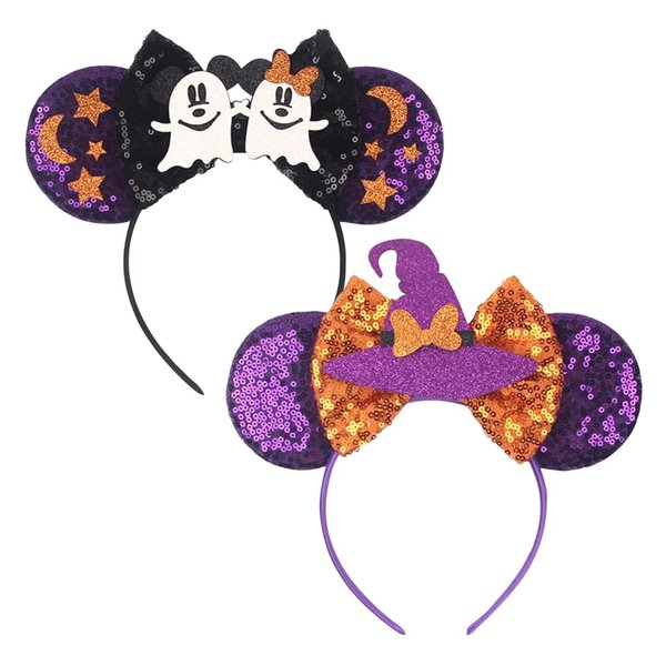 Kiddale 2Pcs Halloween Mouse Ear Headband for Women, Purple Sequin Bow Witch Hat Ghost Hair Hoop, Headwear Hair Headdress for Halloween Party Decorations Cosplay Costume Gift