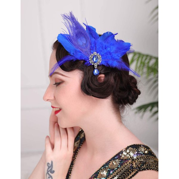 Aimimier 1920s Flapper Feather Hair Clip Royal Blue Crystal Teardrop Headpiece Prom Party Festival Roaring 20s Accessories for Women and Girls