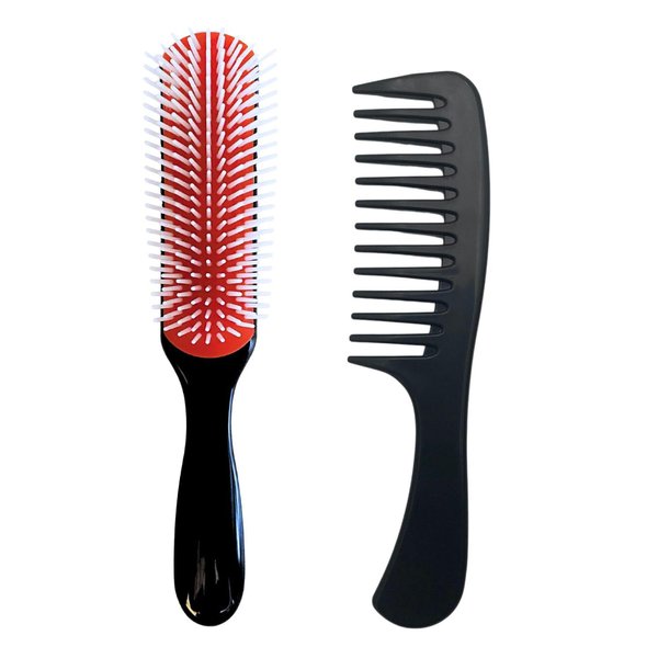 MDSTYLE Hair Brush for Curly, Thick, Wavy and Coily Hair - Curl Defining, Detangling, Styling, Blowdrying, Shaping - 9 Row Detangler Brush for Women and Men - Dry or Wet (Black Regular 1pc & Comb 1pc)