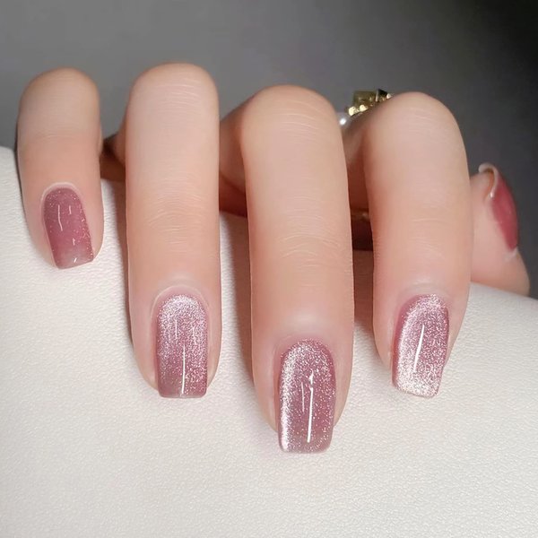 Pink Cat Eye Press on Nails Square Fake Nails Medium False Nails with Solid Color Deign Gradient Acrylic Nails Glossy Artificial Nails Glitter Stick on Nails Glue on Nails for Women and Girls 24Pcs