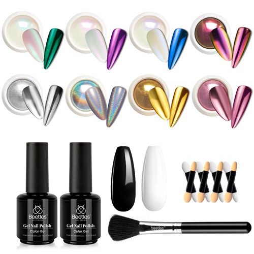 Beetles Chrome Nail Powder Kit Black White Colors Gel Polish Mirror Effect Holographic Aurora Iridescent Pearlescent Manicure Art Decoration Glitter Nail Powder 8 Colors 1g or 0.5g/Jar