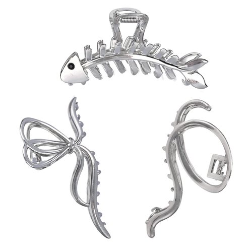 Yonchic 3-Piece Multiple Shapes Metal Hair Clips, Silvery Fish Bone Hair Claw for Thin/Medium Thick Hair, Elegant Bowknot Barrettes, Strong Hold Hair Clamps Cute Hair Catch Accessories