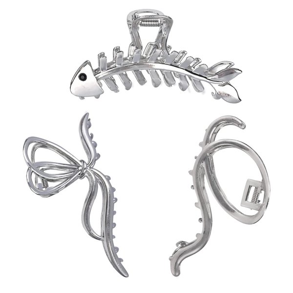 Yonchic 3-Piece Multiple Shapes Metal Hair Clips, Silvery Fish Bone Hair Claw for Thin/Medium Thick Hair, Elegant Bowknot Barrettes, Strong Hold Hair Clamps Cute Hair Catch Accessories