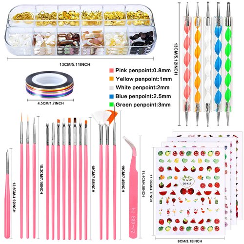 JOYJULY Nail Art Brushes Kit Nail Dotting Tools ,Crystals Glass AB Nail Art Rhinestones, 3D Nail Art Stickers Tape Strips ,Holographic Mermaid Nail Glitters Shell Sequins Nail Design Kit