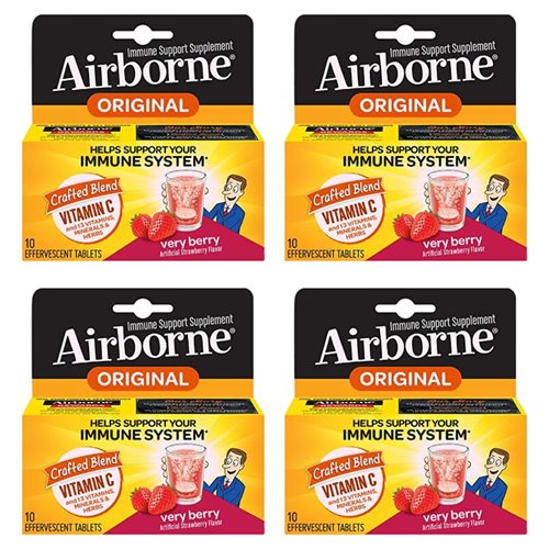 Airborne Very Berry Effervescent Tablets, 10 count - 1000mg of Vitamin C - Immune Support Supplement (Pack of 4)