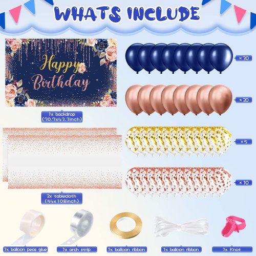 72 Pieces Birthday Decorations for Women Girls Included Backdrop Tablecloths Balloons Floral Garland Happy Birthday Party Supplies for Ladies Birthday Party Decor (Blue Pink)