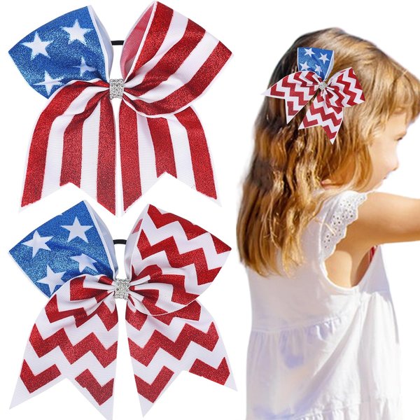 4th of July Cheer Hair Bows Streak and Star Patriotic Cheerleader Hair Bows Hair Tie Band Independence Day Elastic Ponytail Holder for Thick Hair Teens Kids Hair Access 2PCS