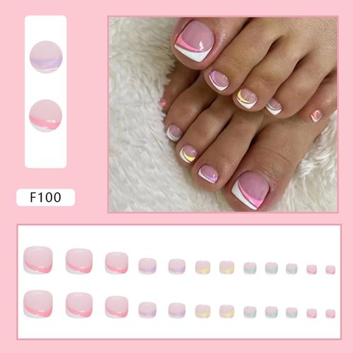 24Pcs Slanted French Toe Nail Press ons，Pink Press on Toenails for Women Short Square Fake Toenails with Rainbow Design Fake Toe Nails Acrylic Nails Summer Manicure Glossy Toenail Press on Nails