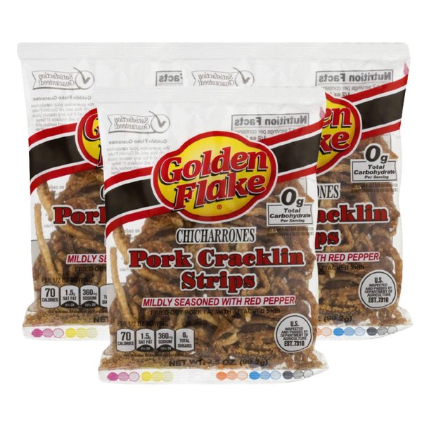 Golden Flake Fried Pork Cracklin Strips Mildly Seasoned with Red Pepper- 3.5 oz. Bags (3 Bags)