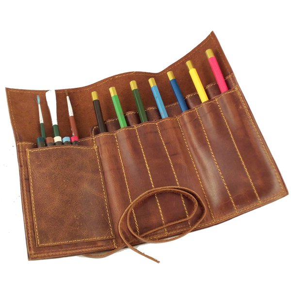 Rustic Genuine Leather Pencil Roll - Pen and Pencil Case - Dark Brown