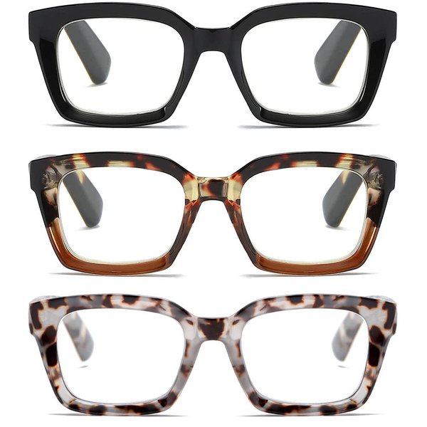 LOUOL 3 Pack Readers for Women Oprah Style Square Reading Glasses with Spring Hinge Blue Light Blocking for Men Ladies +1.5
