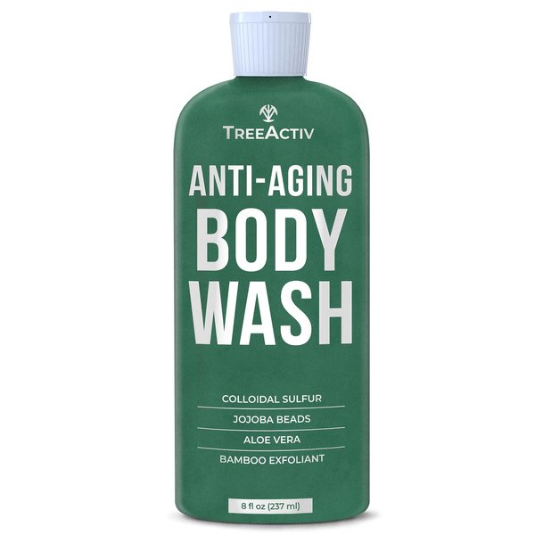 TreeActiv Anti-Aging Exfoliating Body Wash, 8oz, All Natural Body Wash Women and Men, Exfoliating Body scrub Infused with Jojoba Beads, Sulfur, and Aloe Vera - Shower Gel For All Skin Types - 50 Uses