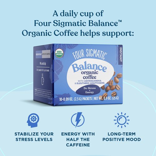 Four Sigmatic Adaptogen Organic Medium Roast Instant Coffee with Ashwagandha, Chaga & Tulsi, Immune Support & Stress Relief, Keto, Multicolored, 0.09 Oz, Pack of 10