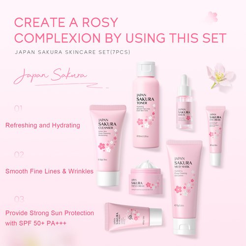 Skin Care Set JAPAN-SAKURA Women Beauty Gift Sets Skin Care Kit, Self-Care Skincare Set: Cleanser,Toner,Serum,Cream,Mud Mask,Eye Cream,Sunscreen, Facial Kit for Women Teen Girls Mom Daughter 7pcs