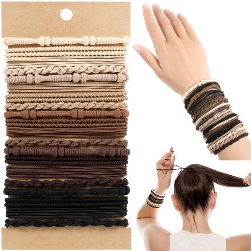 OHCISP Boho Hair Ties, 20 PCS of 4 Styles Cute Hair Bands for Thick or Thin Hair,No Damage Hair Tie Bracelets,Brown Elastic Hair Accessories for Girls and Women