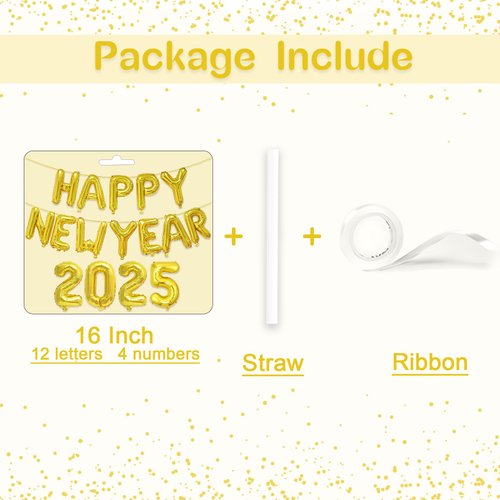 Happy New Year 2025 Balloons Banner, 16 Inch Gold Thickened Foil Mylar Helium Balloons for 2025 New Years Party Decorations New Years Eve Party Supplies Decoracion De Año Nuevo 2025 Balloons | Gold