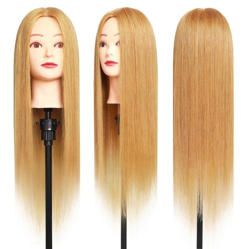 MEIBR Mannequin Head 100% Real Hair Styling Training Head 24-27inch Manikin Cosmetology Hairdressing Doll Head With Free Clamp Female+Braid Set (27#)