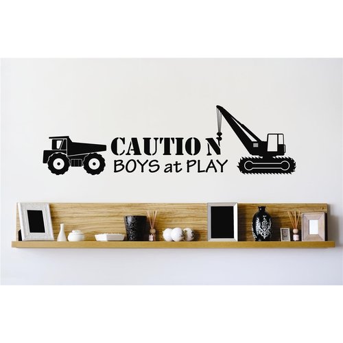 Peel & Stick Wall Decal Sticker Caution Boys at Play Construction Dump Truck Stylish Decor Bedroom Bathroom Living Room Picture Art Vinyl Mural - 22 Colors Available – Size 10 Inches X 20 Inches