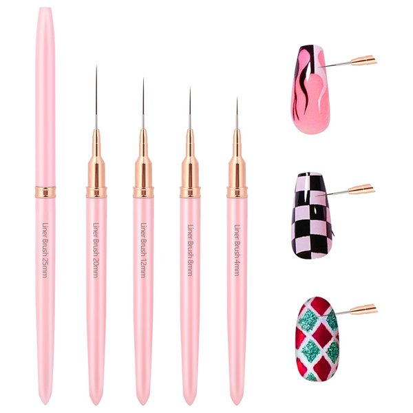 Abeillo 5 Pcs French Tip Brush, Nail Brushes for Nail Art, 4/8/12/20/25mm Thin Nail Art Brush, Liner Brush for Nail Gel Polish, Painting Designs, Thin Details, Fine Drawing