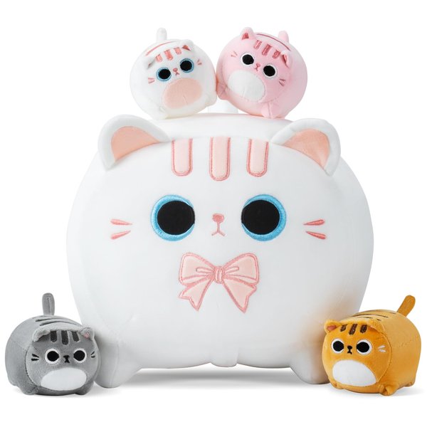 White Cat Plush, 5 PCS Cat Plush Stuffed Animal Family, 16" White Cat Mommy White Cat with 4 Baby Kittens Cat Plushies for Kids, Kawaii Cat Plush Toy Christmas Birthday Gifts for Kids Boys Girls