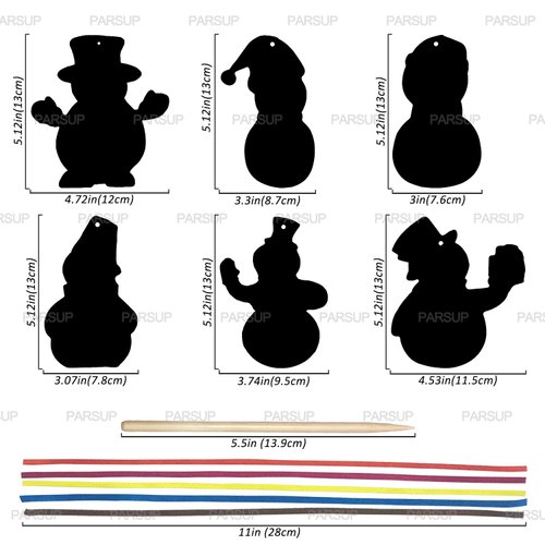 PARSUP 144Pcs Christmas Snowman Scratch Paper Rainbow Color Scratch Ornaments Christmas Decorations Hanging Craft Art Kits with Wooden Stick and Ribbon for Kids Christmas Winter Party Favors