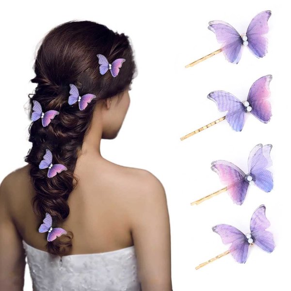 Bartosi Butterfly Hair Clips Purple Butterfly Hair Pin Cute Butterfly Decorative Bobby Pins Pearl Bride Wedding Hair Pieces Bridal Hair Accessories for Women and Girls (Pack of 4)