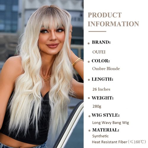 OUFEI Long Wavy Platinum Blonde Wig with Bangs for Women Light Blonde Wig Natural Synthetic Hair Heat Resistant Ombre Wigs for Daily Party Cosplay Wear- 26 Inches