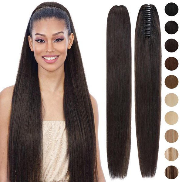S-noilite Claw Clip Ponytail Extension Human Hair #1B Natural Black Real Remy Human Hair Ponytail Extension 16inch Long Straight Hair Pony Tails Hair Extensions For Women 105Grams