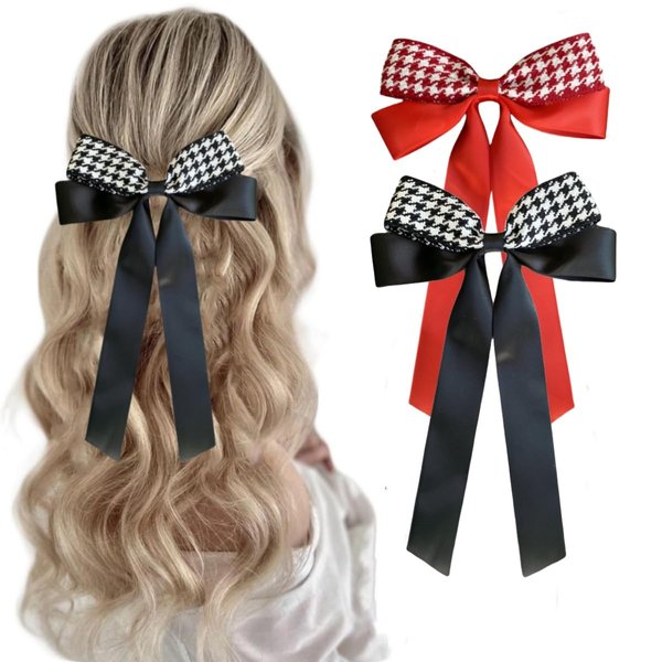 2pcs Satin Bow Hair Clips for Women Girls, Plaid Hair Accessories Plaid Ribbon Clips for Women Girls Hair Accessorie (black-red)