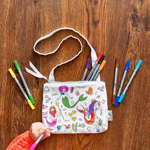 eatsleepdoodle Mermaid Coloring Crossbody Bag for Kids w/ 10pk Washable Markers for Kids - 8.5x7in Kids Coloring Crossbody Bag